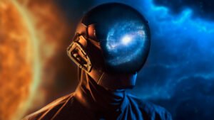 A photo of an astronaut using split lighting